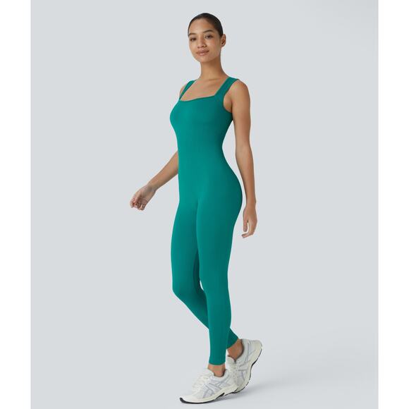 NWT HALARA Seamless Yoga Jumpsuit M Teal Green Square Neck Sleeveless 7/8 Length - Picture 8 of 9